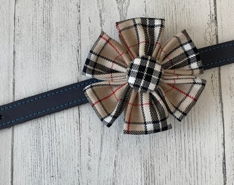 Beige and Red Tartan Dog Collar Flower