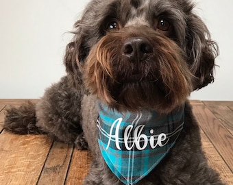 Tartan Dog Bandana in teal and grey