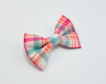 Brushed Cotton check dog bow tie | Orange Pink Blue Dog Bow | Pink and Orange Bow Tie