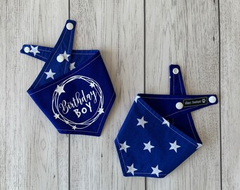 Birthday Boy vinyl print Handmade double sided dog Bandana in royal blue and white stars fabric.