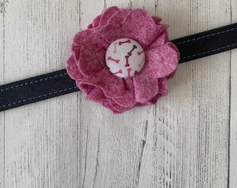 Maroon fleck Dog Collar Flower in a wool felt fabric with a matching bones fabric button centre