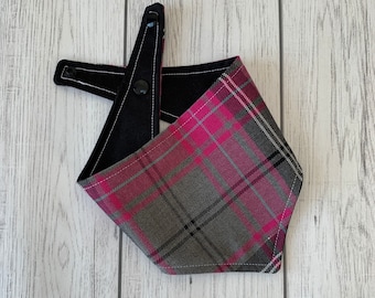 Pink and Grey Tartan Dog Bandana with a popper fastening