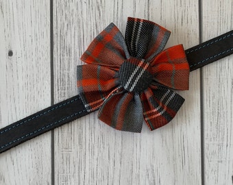 Orange and Grey Tartan Dog Collar Flower