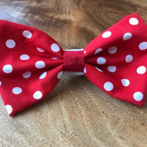 May include: Red bow tie with white polka dots.
