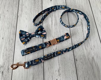 Dog Collar and Lead in a Blue, Mustard and Blush Geometric Fabric with Rose Gold hardware / dog collar and lead set