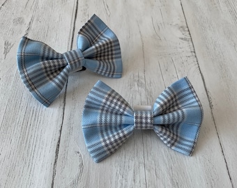Handmade Dog Bow Tie in Sky Blue and Grey Tartan