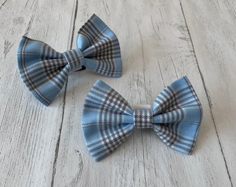 Handmade Dog Bow Tie in Sky Blue and Grey Tartan