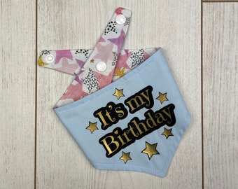 Birthday Dog Bandana in a pastel blue and multicoloured Stars fabric