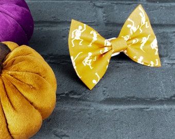 Orange Halloween Dog Bow Tie with dancing skeletons