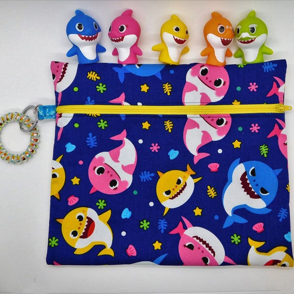 Baby Shark Zipper Pouch Bag with Keyring and Spiral Bracelet - 5 Baby Shark Finger Puppets Toys - Flat Play Bag - Measures 10" X 8"