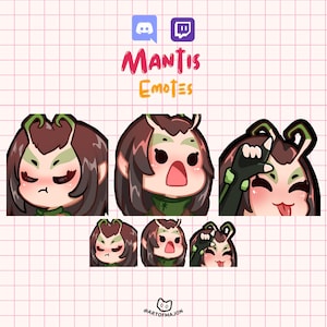 May include: A collection of Mantis emotes for Discord and Twitch, featuring a cartoon insect with various expressions. The emotes include a frowning face, a surprised face, and a face making a hand gesture. The text "Mantis Emotes" is displayed in pink and orange.