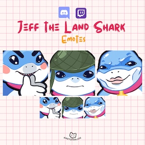Może przedstawiać: Cyfrowa ilustracja przedstawiająca emotikony "Jeff the Land Shark". Emotikony przedstawiają postać niebieskiego rekina z różnymi wyrazami twarzy, w tym kciukiem w górę, w hełmie wojskowym i uśmiechniętą. Tło to różowa kratka.
