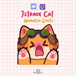 以下が含まれることがあります： オレンジ色の猫の漫画のアニメーション絵文字。ゴーグルとアビエーター風のイヤーカバーを着用。口を開け、足を上げた驚いた表情。テキスト「JETPACK CAT ANIMATED EMOTE」とDiscordとTwitchのロゴが表示されています。