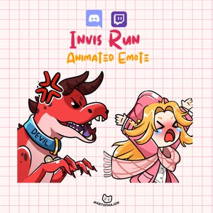 Può includere: Un'emote animata che raffigura un drago rosso con un collare blu con la scritta DEVIL e un personaggio biondo con un cappotto rosa con cappuccio che piange con le braccia alzate. Il testo recita Invis Run Animated Emote con icone Discord e Twitch.