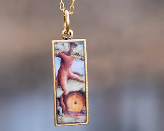 Hobbit hole necklace, unique watercolor jewelry, yellow hobbit door, rectangular gold pendant