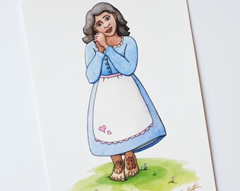 Hobbit girl, heart patches apron, watercolor print, 5x7 art print, hobbit girl in blue dress