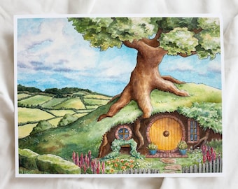 Hobbit Hole Art Print, Lord of the Rings Watercolor, The Shire Painting, Hobbiton, Middle-earth Art, J.R.R. Tolkien, Bilbo Baggins, Frodo