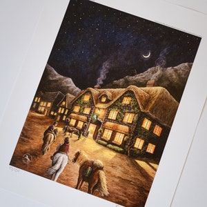 May include: A print of a nighttime village scene with a starry sky and a crescent moon. The buildings have thatched roofs and lit windows. Figures on horseback and a dog are in the foreground. The print is signed by Emily Huston and numbered 03/250.
