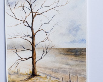 January Tree Watercolor Print, Midwest Winder, Indiana Landscape