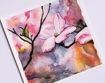 Springtime dogwood watercolor, pinks and yellow, painting, fine art watercolor print, Spring blossom