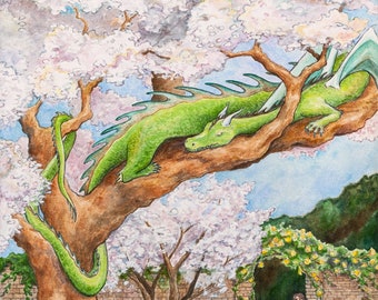 Bimble Bay Dragon, Green Dragon, Tolkien Inspired Watercolor Art Print