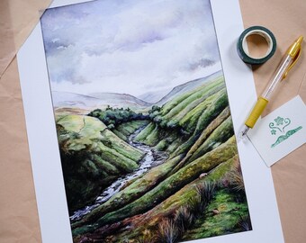 Brecon Beacons Watercolor Print, Wales Landscape, Moody Scene, Pen Y Fan Walk