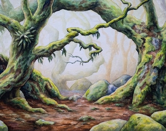 Ancient Forest Watercolor Print, Old Majestic Trees, Fairy Tale Woods, Green Woods and Moss