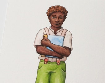 Hobbit holding book, watercolor print, 5x7 art print, boy in suspenders