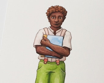 Hobbit holding book, watercolor print, 5x7 art print, boy in suspenders