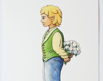 Hobbit watercolor print, 5x7 art print, boy holding flowers, daisies, hobbit in waistcoat