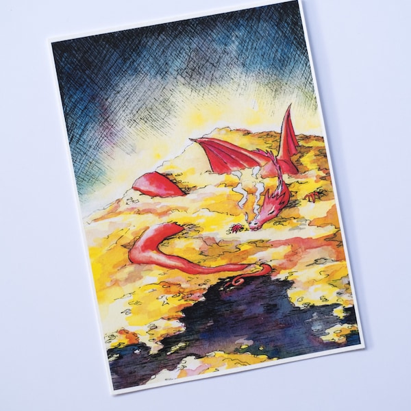 Smaug Watercolor Print, The Hobbit Watercolor, Tolkien Art, Red Dragon, Lord of the Rings, British Children's Literature, Bookish