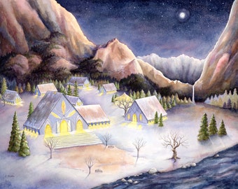 Rivendell in Winter Watercolor Print, Tolkien Art, Lord of the Rings, The Hobbit, Elves, Snowy Mountain Landscape