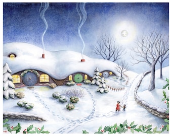 Winter Hobbiton Scene, Lord of the Rings Art Print, Hobbit Holes, The Shire in Snow