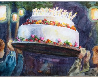 Bilbo's verjaardagstaart aquarel, The Lord of the Rings, The Hobbit, The Shire, Happy Birthday, Eleventy-One, langverwacht feest