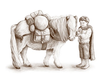 Samwise and Bill the Pony, Charcoal Drawing Art Print, Lord of the Rings, Friendship, Fellowship of the Ring, The Prancing Pony