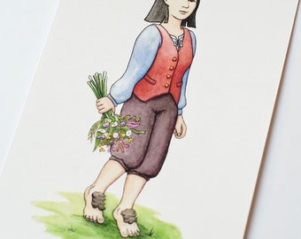 Hobbit holding wildflowers, watercolor print, 5x7 art print, hobbit girl in vest