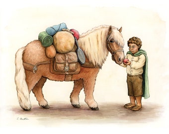 Sam Gamgee and Bill the Pony, Watercolor Art Print, Lord of the Rings, Fellowship of the Ring