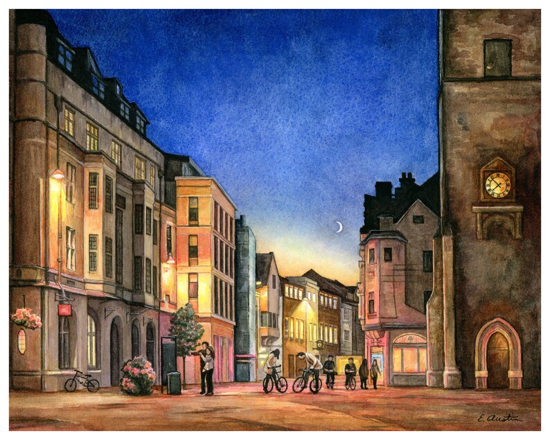 Oxford Watercolor Print, Carfax Tower, British Cityscape, English Town, Oxford University, Evening Scene, Crescent Moon image 1