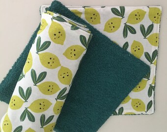 Zero waste reusable washable towel in printed cotton with sponge lining