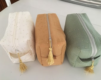 Borsa da toilette personalizzabile in garza di cotone a pois dorati, borsa per il trucco, kit per bambini