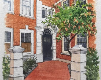 Bijou hand painted house portrait painting in watercolour and ink. Mounted to fit 8" x 10" frame