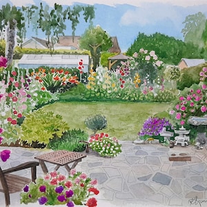 Bijou handgeschilderd TUINportretschilderij in aquarel en inkt. Gemonteerd voor frame van 8 x 10 inch