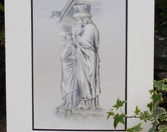 Sculpted figures from cemetery monument painting in watercolour