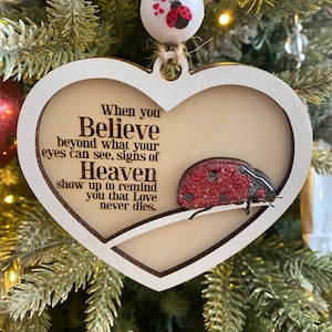 Signs From Heaven Ladybug Ornament With Metal Heart Stand Or Black Iron Stand