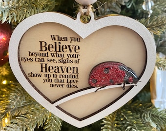Signs From Heaven Ladybug Ornament With Metal Heart Stand Or Black Iron Stand