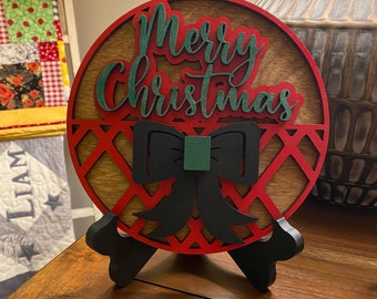 Merry Christmas Wooden Round With Stand