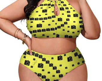 Traje de baño de dos piezas para mujer de talla grande Capture the Glow con top halter de cuello alto BK2040 (estampado integral)