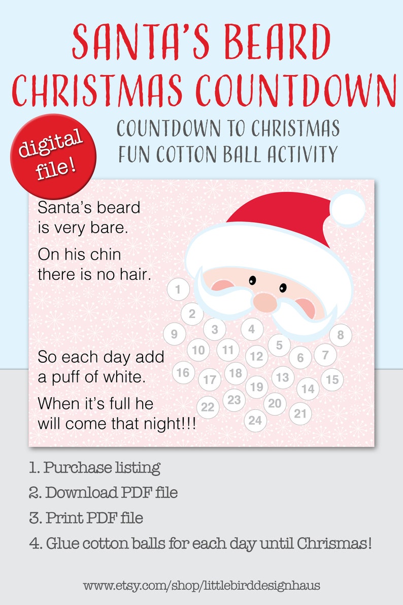 Christmas Countdown Printable, Advent Calendar, Santa's Cotton Ball ...