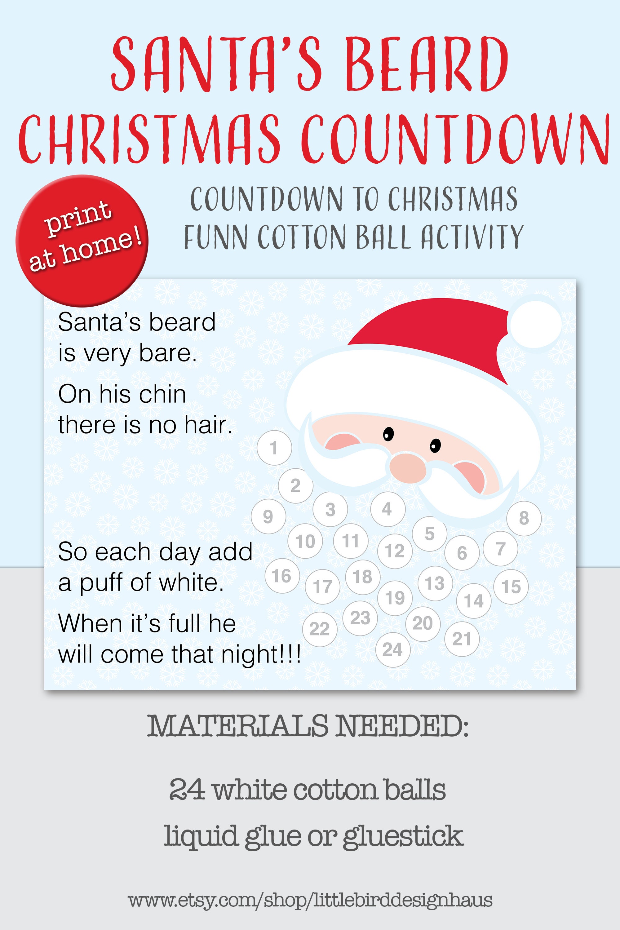 Christmas Countdown Printable, Advent Calendar, Santa's Cotton Ball ...