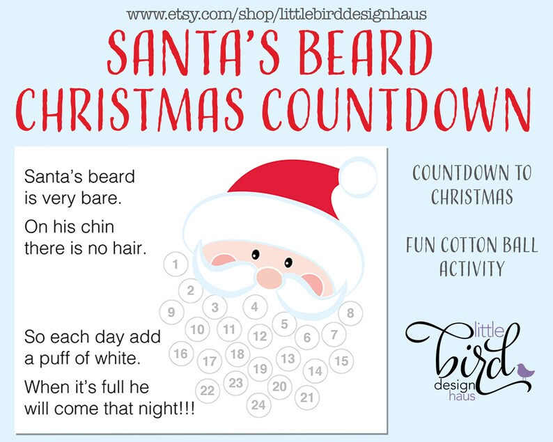 Christmas Countdown Printable, Advent Calendar, Santa's Cotton Ball ...